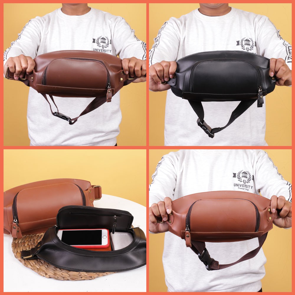 TAS SELEMPANG PRIA WAISTBAG COWOK MASKULIN KASUAL PAS BUAT HANGOUT BAHAN PU LEATHER TEBAL EWLO5