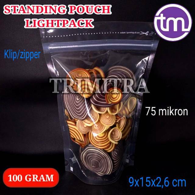Plastik Kemasan 915 Snack Standing Pouch Bening Klip Zipper 100 gram