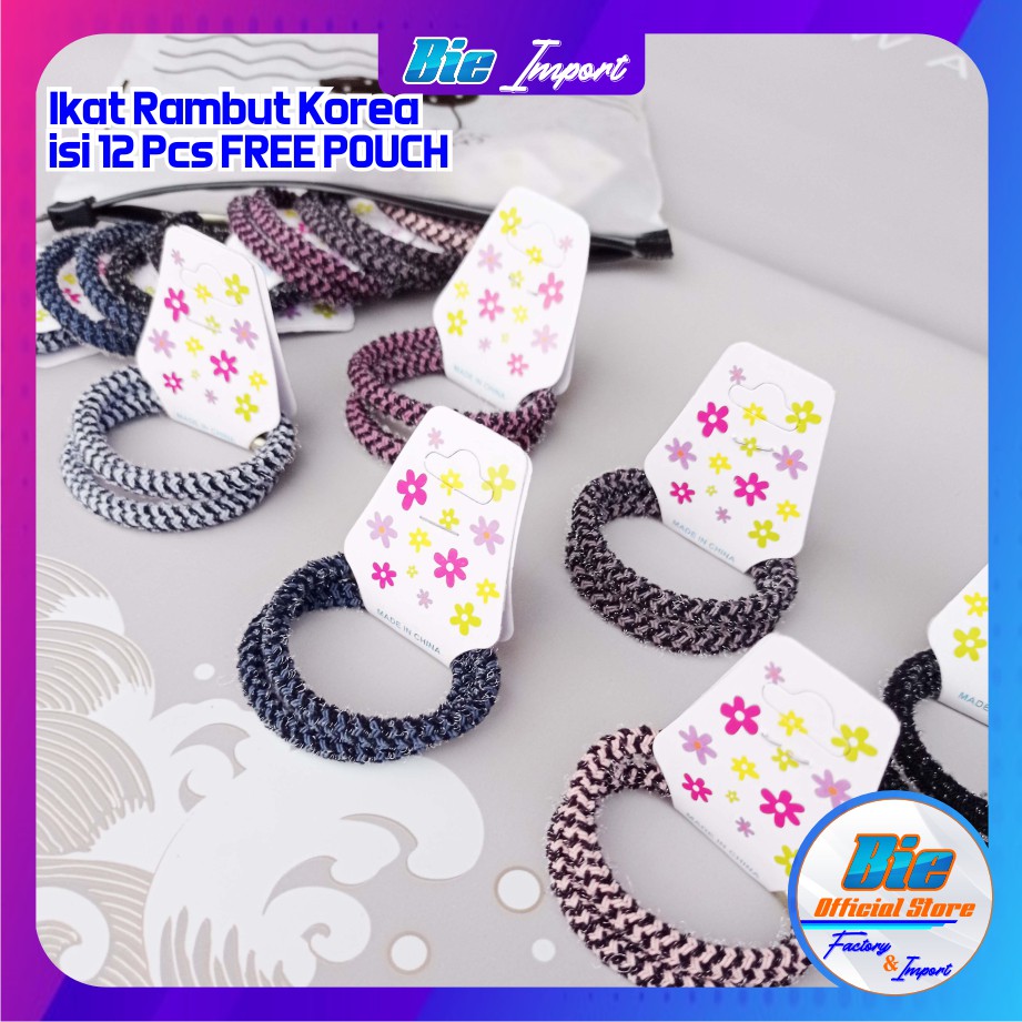 Ikat Rambut Korea Motif isi 12 Pcs Free Pouch