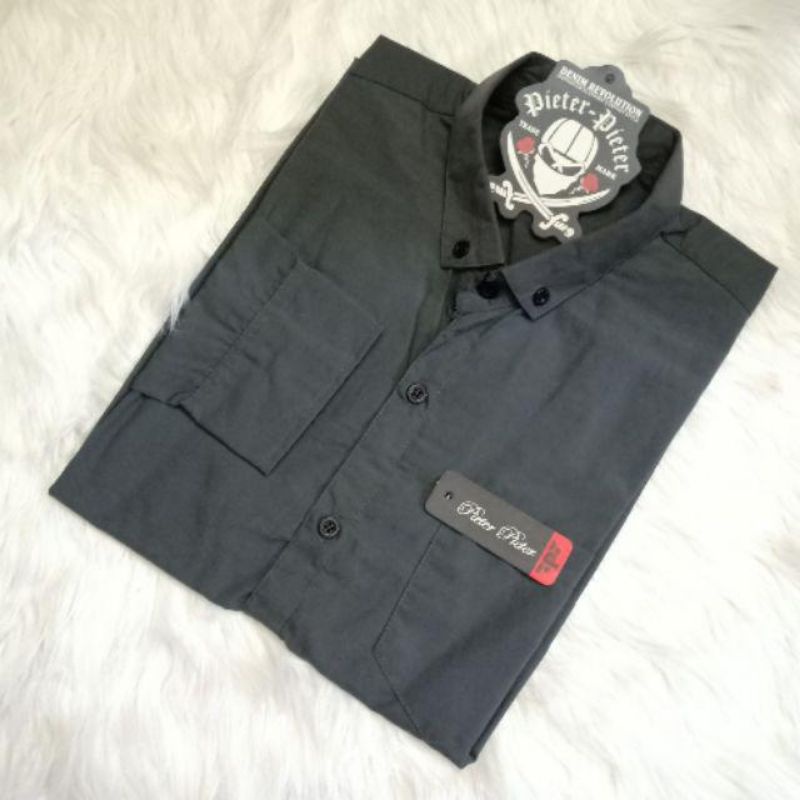 kemeja cowok polos lengan panjang slimfit hem pria kantor hitam navy putih maron army-Kmja pnjng darkgrey