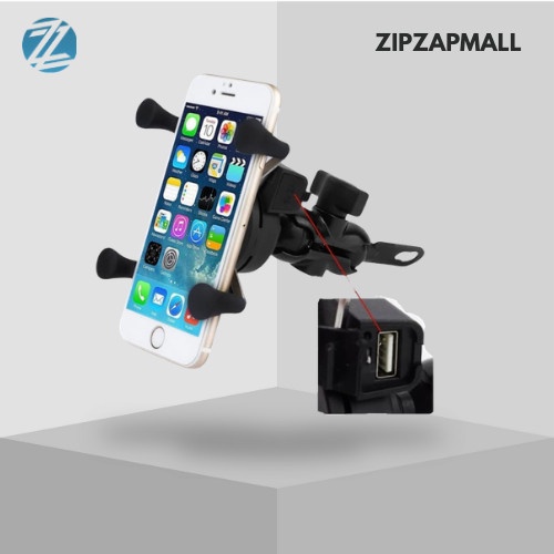 X-Grip Holder Hp Motor Spion Besi Stang Smartphone Usb 12V 2A Charger