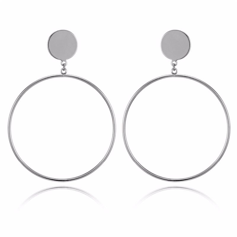 Anting Tusuk Gantung Desain Geometri Bulat Besar Hollow Warna Gold/Silver Gaya Korea/Simple Untuk Wanita