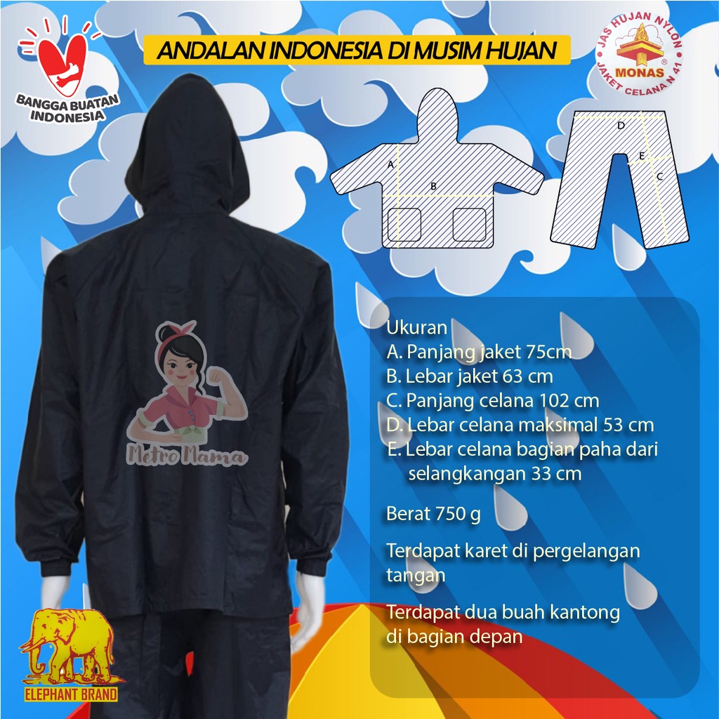 Jas Hujan Setelan Jaket Celana Nylon MONAS  CAP GAJAH ASLI ELEPHANT