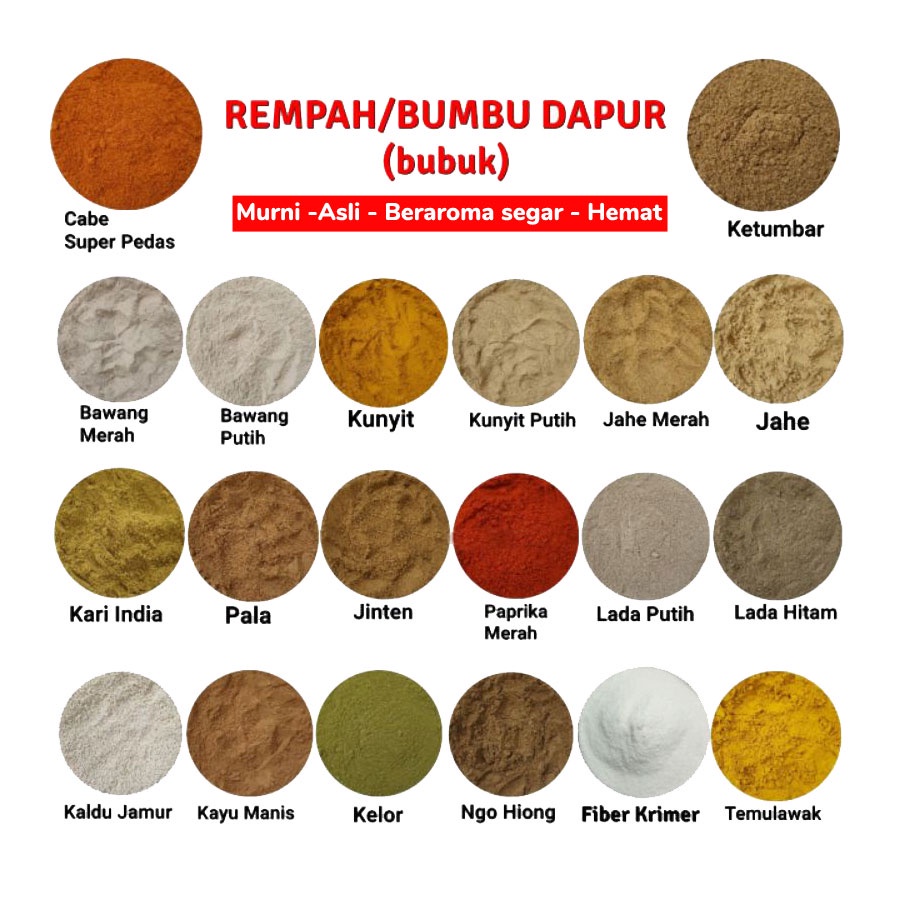 

Bumbu Dapur Bubuk Kunyit Cabe temulawak bawang merah putih lada kencur sereh pala kemiri kayu manis pekak jahe jinten