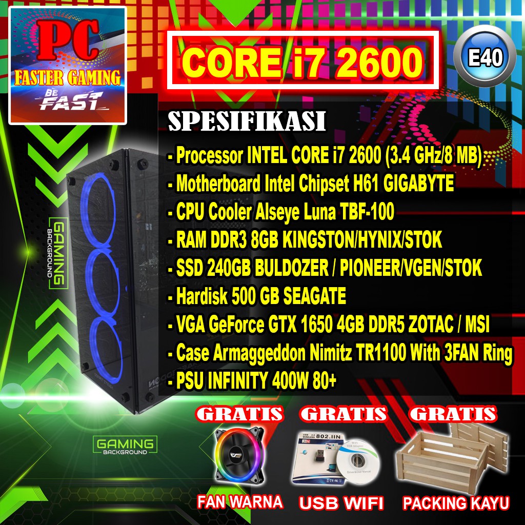 PC GAMING CORE i7 2600 KOMPUTER CPU VGA GT 1050 4GB SSD 240 E40