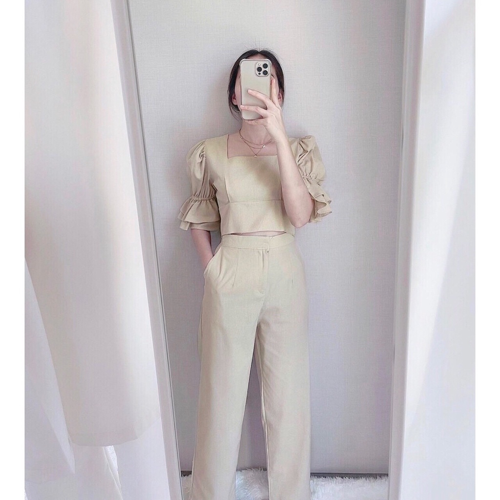 SET6614 Linen Double Ruffle Sleeves Top & Pants Set-3