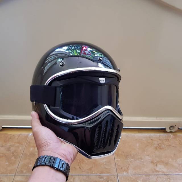 Helm custom / helm cakil hitam glossy + kacamata