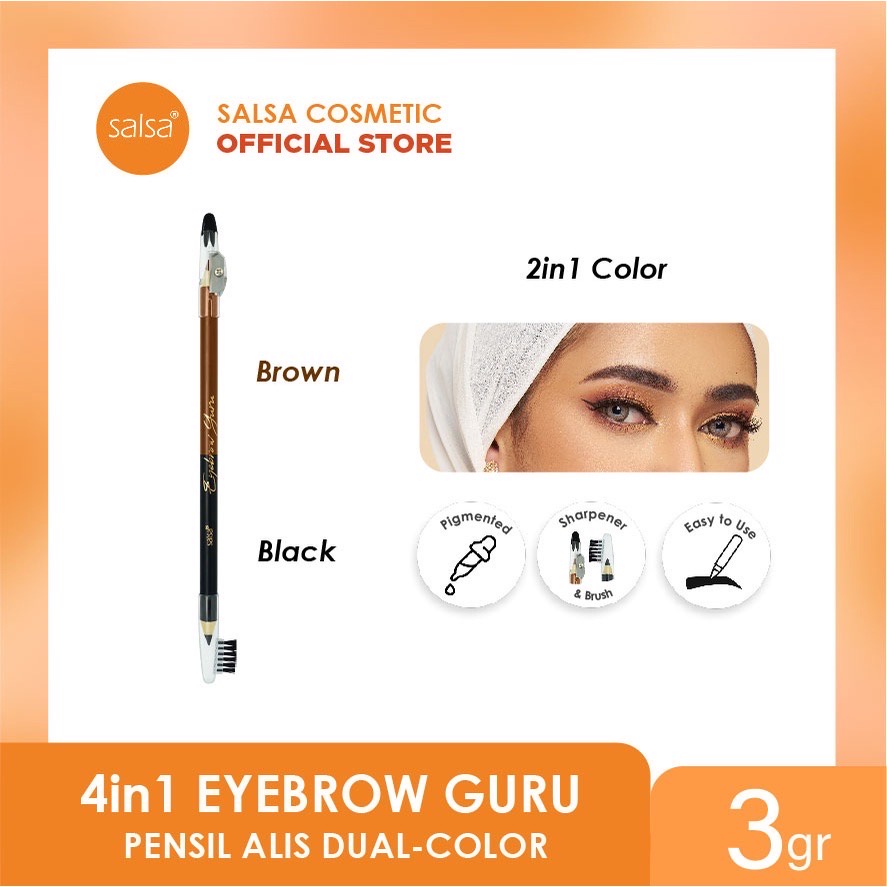 SALSA Eyebrow Guru Indonesia / Pensil Alis 4 IN 1 Black Brown Hitam Coklat 3gr / Sisir Serutan Rautan Sikat Eye Brow Sharpen Brush / Cosmetic Eyeliner Eyelash Eyelid Mascara Lipstick Lip Cream Matte Nail Polish Peel Off Kutek / Curler Sponge / Paket Wajah