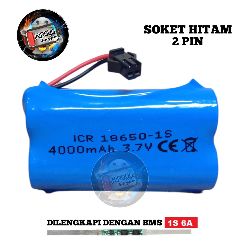 Baterai RC/ Speaker Bluetooth &amp; Elektronik Lainnya 2x Li-ion 18650-1S 4000mAh 3.7V Protektor BMS 6A SOKET HITAM 2 PIN