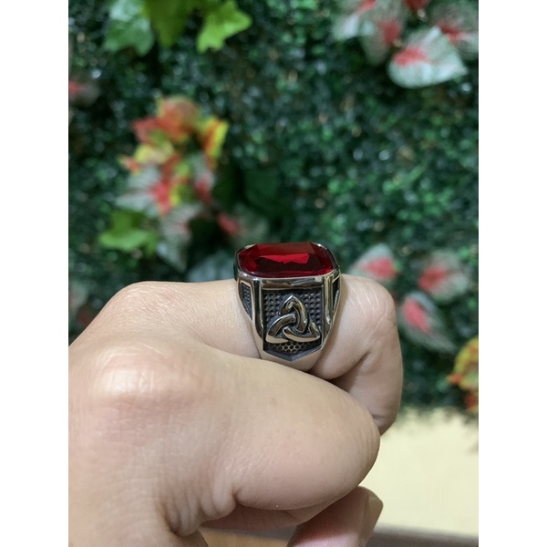 Cincin Pria Titanium 316L Stainless Steel Original Nordic Viking Odin Totem Premium Batu Red Ruby