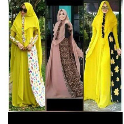 gamis warna kuning lemon motif kupu kupu dan daun