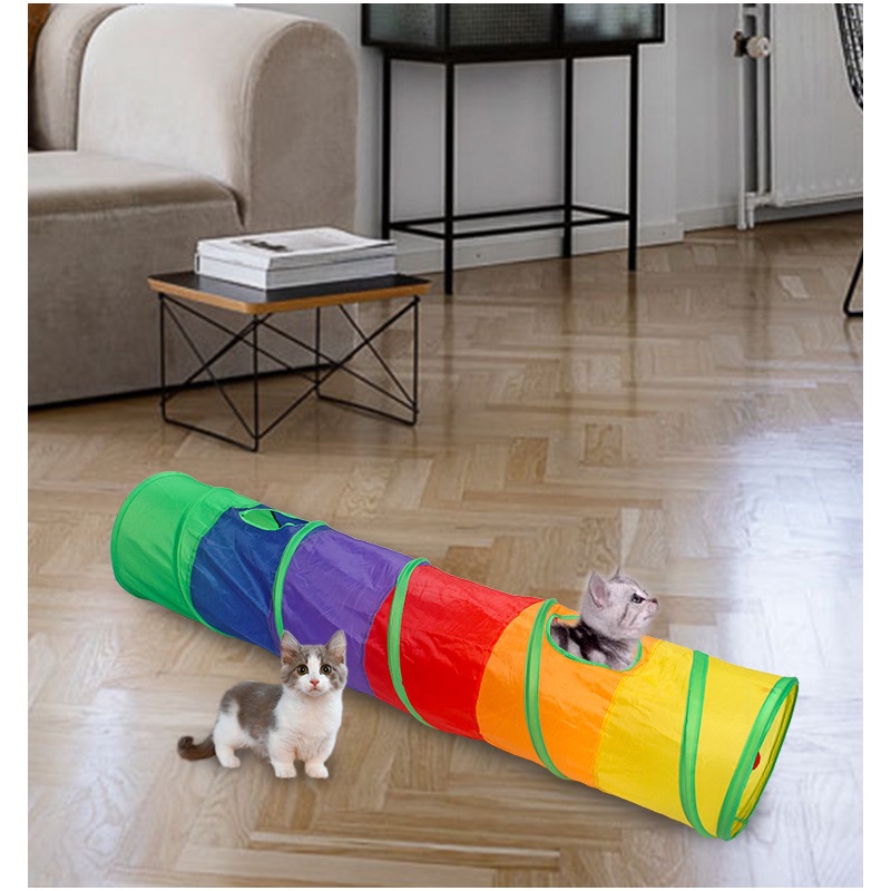 【Yayapet】Mainan Kucing Pet tunnel Kelinci Model Terowongan Lipat Portable 2 Lubang Warna Pelangi