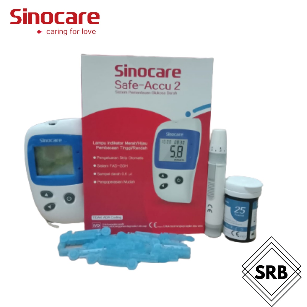 SINOCARE Safe-Accu 2 Alat Cek Gula Darah (50/25 Strip)| Alat Tes Gula Darah | Alat ukur Gula Darah| Alat monitor Gula Darah|Alat deteksi Gula Darah| Alat periksa kadar gula darah| Glukometer| Glucometer seperti Gluco DR atau Nesco