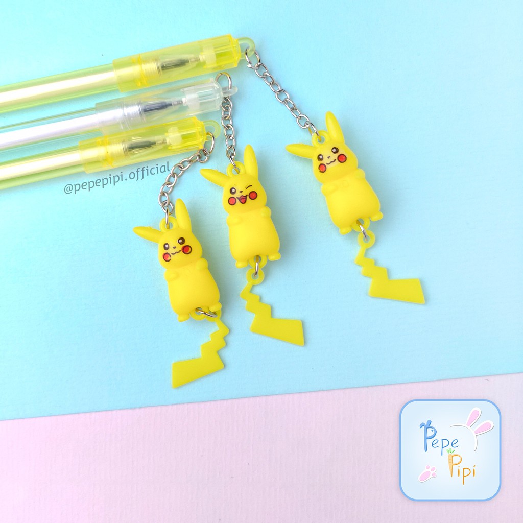 4 &amp; 12 pcs Pena Gantungan Pikachu Bolpen Pen Pulpen Gelpen Karakter Murah Lucu Selusin Pikacu