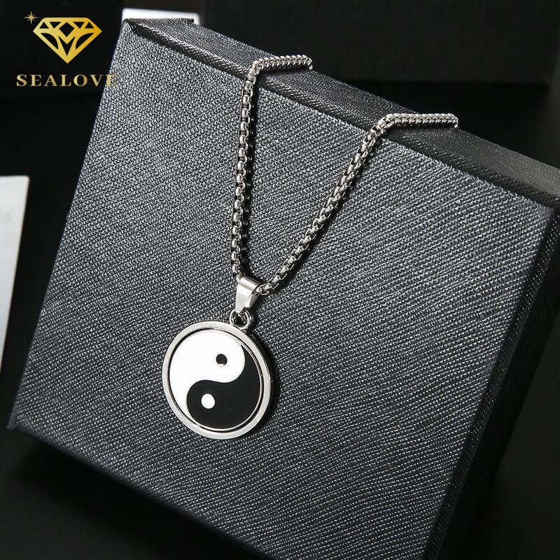 SEALOVE Liontin yin dan yang pria dan wanita yang dapat diputar tai chi titanium kalung perhiasan fashion beruntung