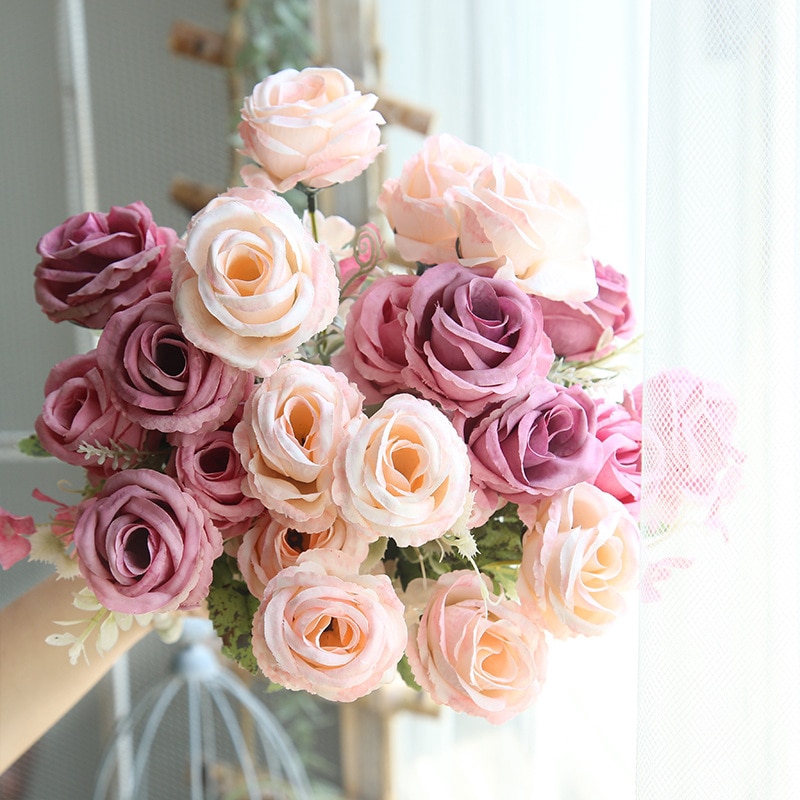 29cm 6 head bouquet Silk Rose bunga  artificial For Wedding 