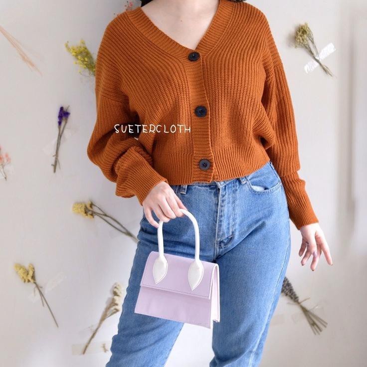 CROP CARDI ELLENA/BAJU WANITA BAHAN RAJUT 7 GATE/OVER SIZE TANGAN PANJANG MOTIP KANCING