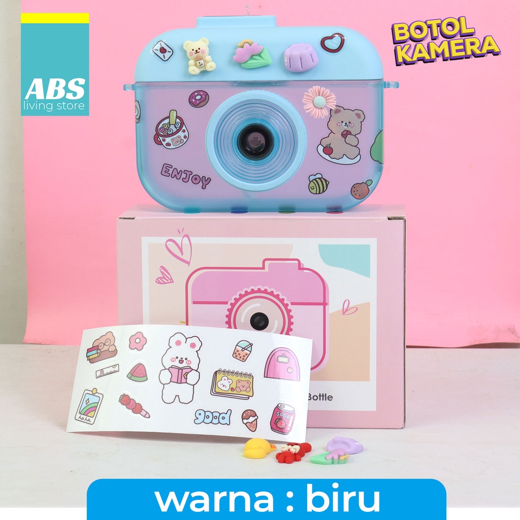 ABS Camera Bottle / Botol Kamera Unik / Botol Minum Anak Free Sticker Karakter 400ml BPA FREE-Biru