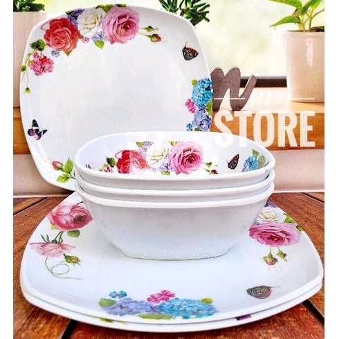 PROMO SET 6.PCS ISI 3.PIRING KOTAK SAJI 3.MANGKOK KOTAK  MELAMINE MOTIF ROSE