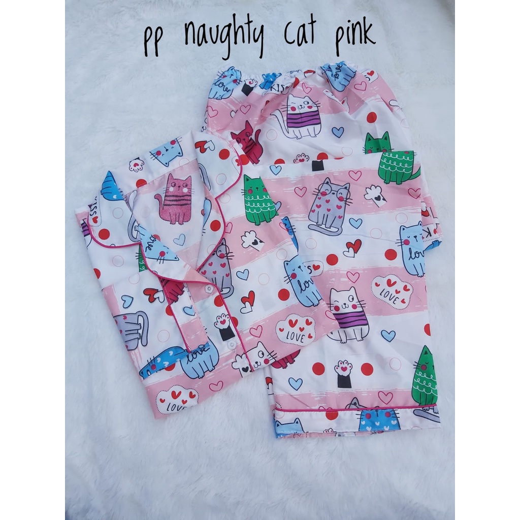 BJ-Piyama PP XXL Wanita Dewasa Murah - Baju Tidur Lengan Panjang-Naughty Cat Pink