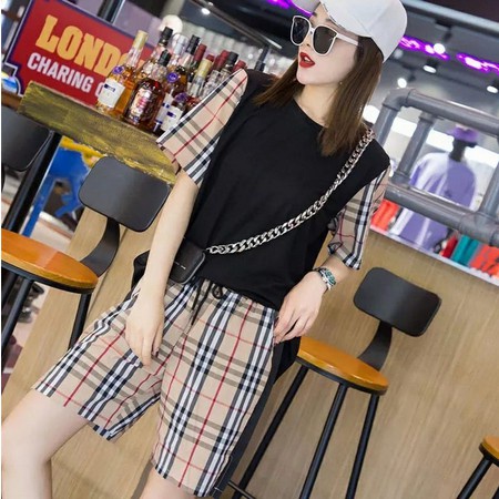 b028, import Setelan Baju Kaos Motif Kotak Kotak baju set wanita