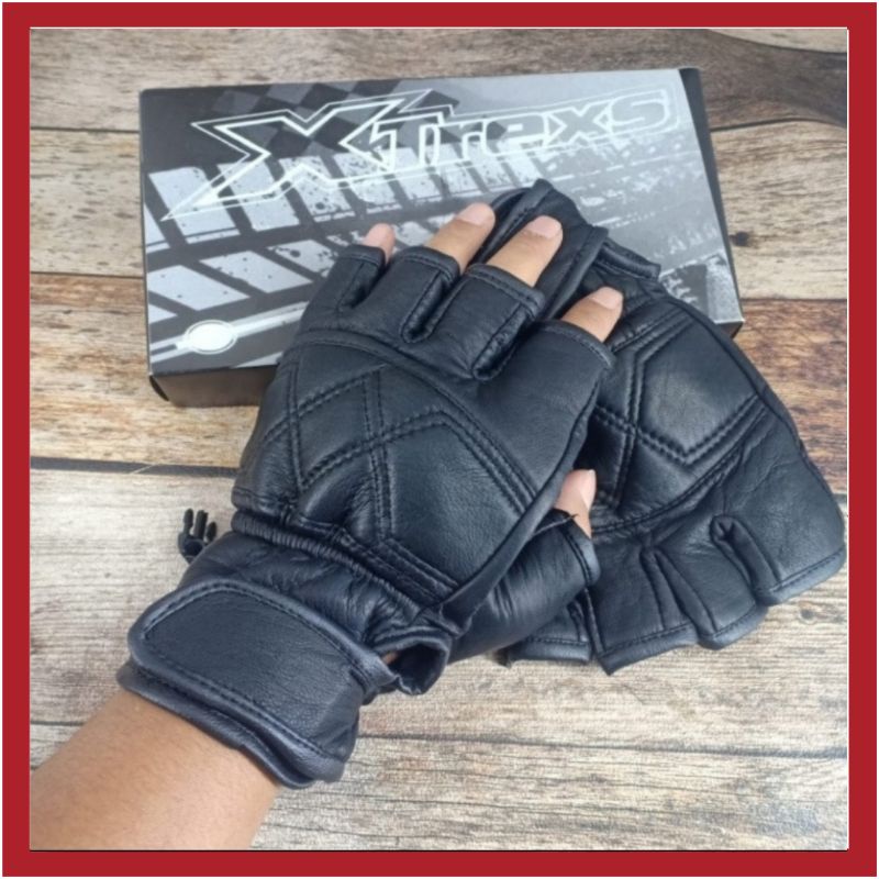 Sarung Tangan Motor Kulit Domba Asli Motif Double X Half finger Premium Pria