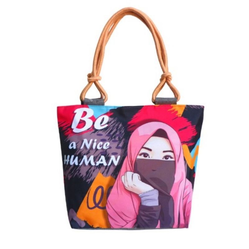 Totebag Kanvas tali sumbu tas wanita motif hijab