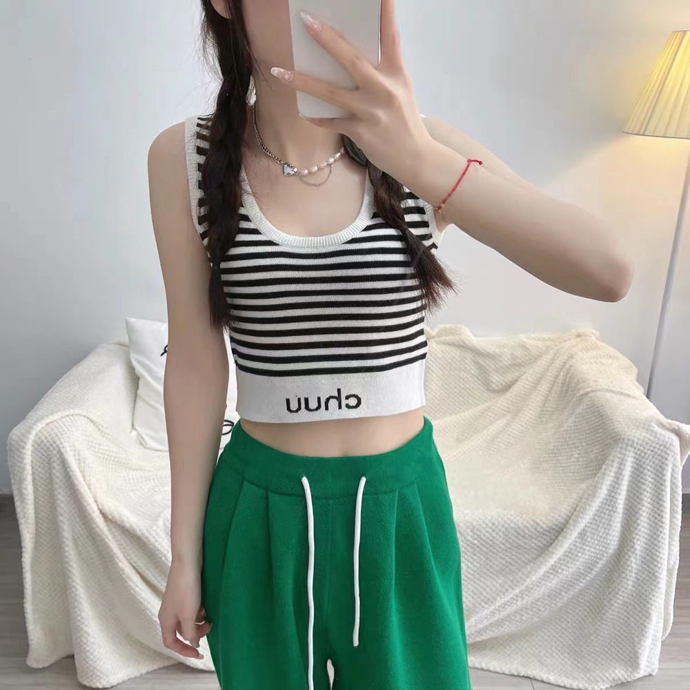 Musim panas baru katun suspender hitam dan putih bergaris rompi tanpa lengan huruf CHUU klasik botto