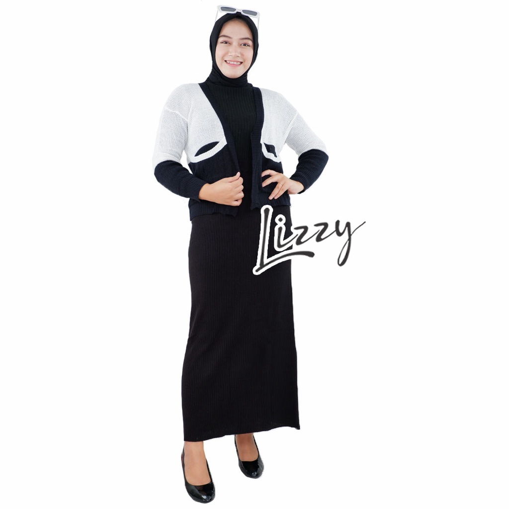 Lizzy - ONE SET RAJUT TWO TONE CARDIGAN DAN ROK KNIT PREMIUM