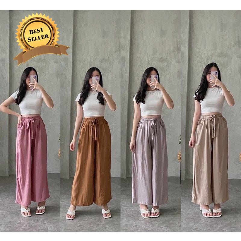 Celana Kulot Rayon Crincle Crinkle Airflow Panjang Wanita Premium Highwaist Loose Cullote Pants Homewear Jumbo Terbaru Kekinian-1