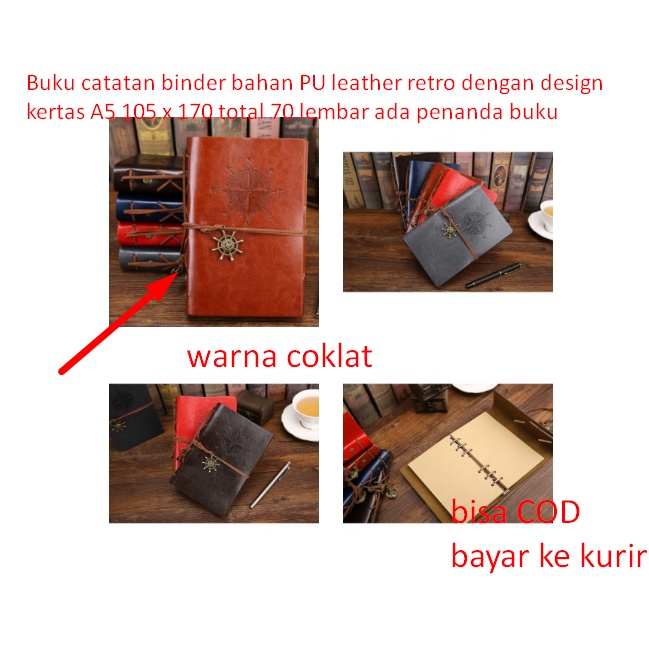 

Buku catatan binder bahan PU leather retro dengan design kertas A5 105 x 170 total 70 lembar ada penanda buku