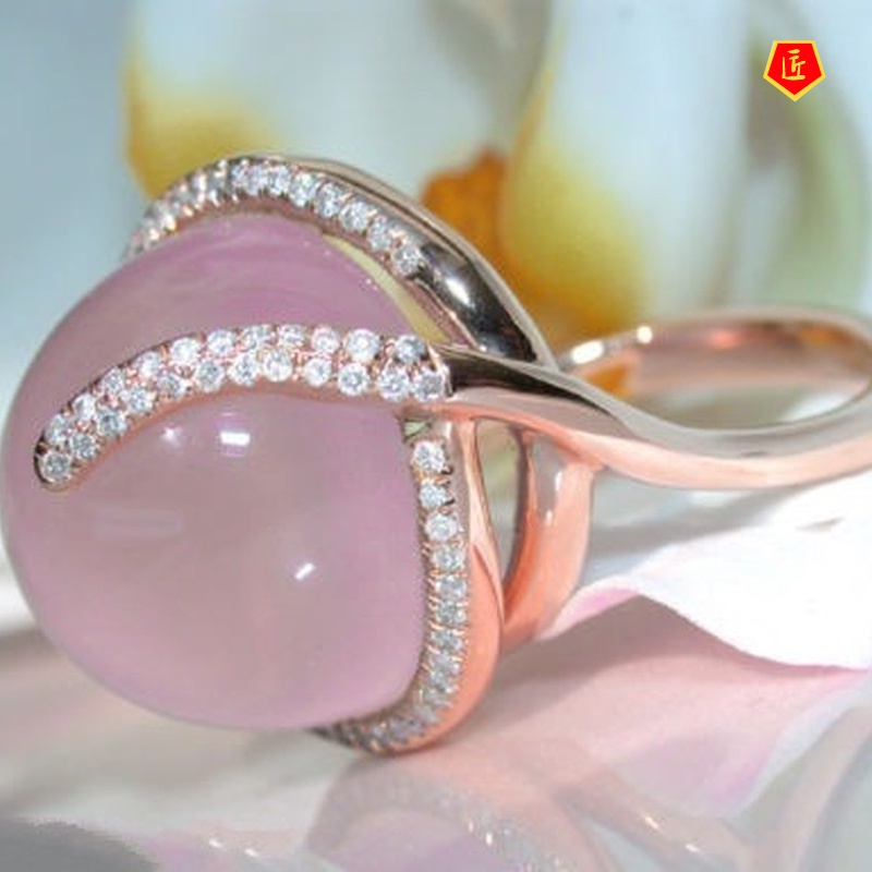 [Ready Stock]Pink Crystal Moonstone Diamond-Studded Ring Sweet and Elegant