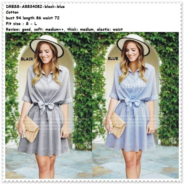 AB834082 Mini Dress Kemeja Casual Garis Wanita Korea Import Blue Black Hitam Putih Biru Putih