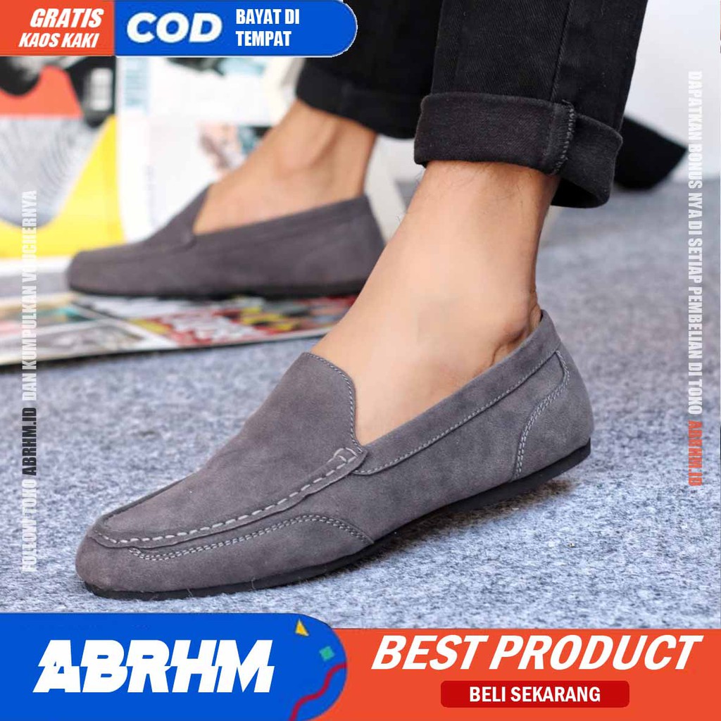 ABRHM x MODNEK Sepatu Slip On Pria Kulit Suede Sintetic Sepatu Pria Casual Pantofel