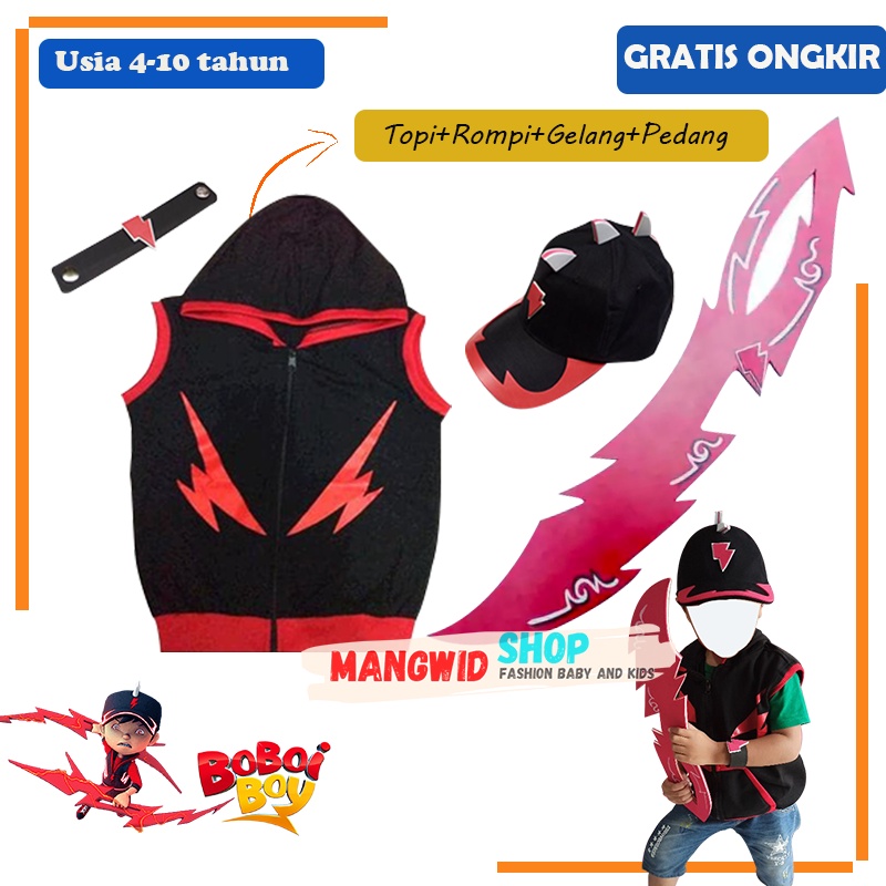 BAJU SETELAN KOSTUM JAKET SWEATER ROMPI + TOPI + PEDANG MAINAN + GELANG BOY BOBOIBOY HALILINTAR ANAK
