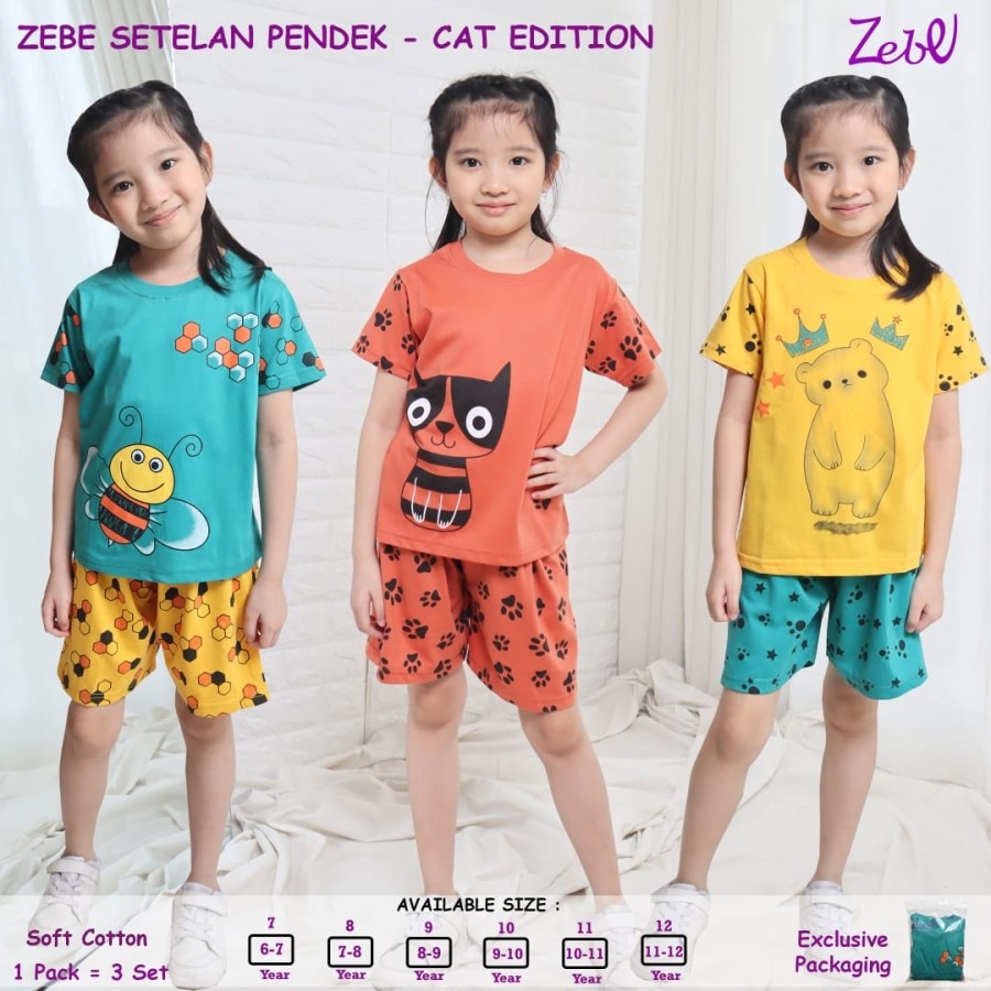 Zebe Setelan Pendek Cat edition 3pcs Girl Baju Anak Perempuan