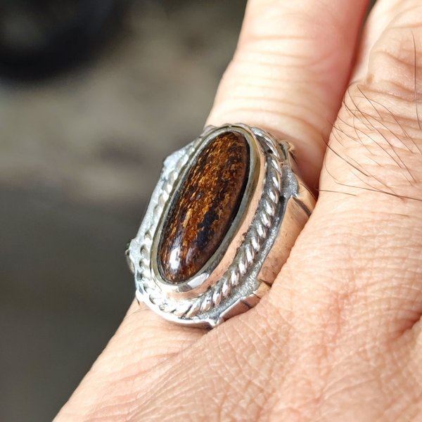 Cincin Batu Akik Natural Bronzite Motif Pandan Minimalis