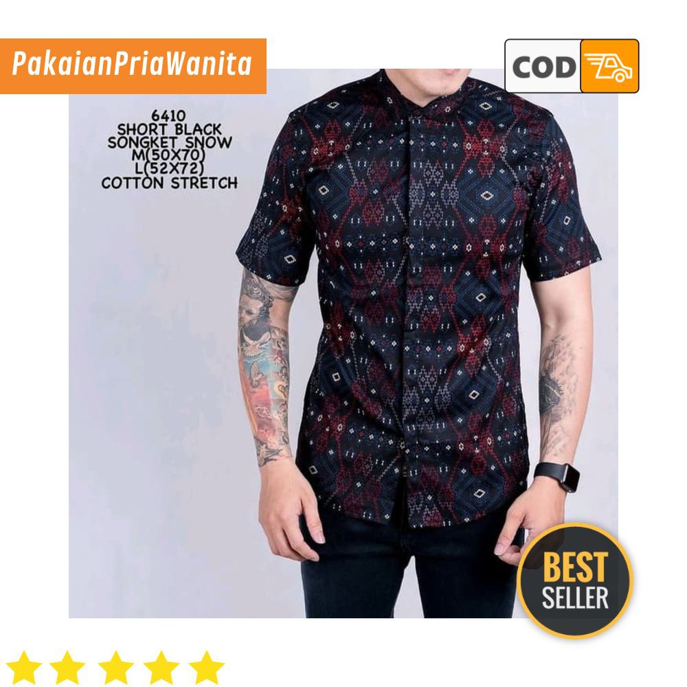 Baju Kemeja  Batik Pria  Cowok Motif Songket Lengan Pendek 