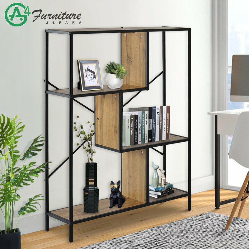 Rak Buku Besi Kayu Merlin Kombinasi Kayu Jati