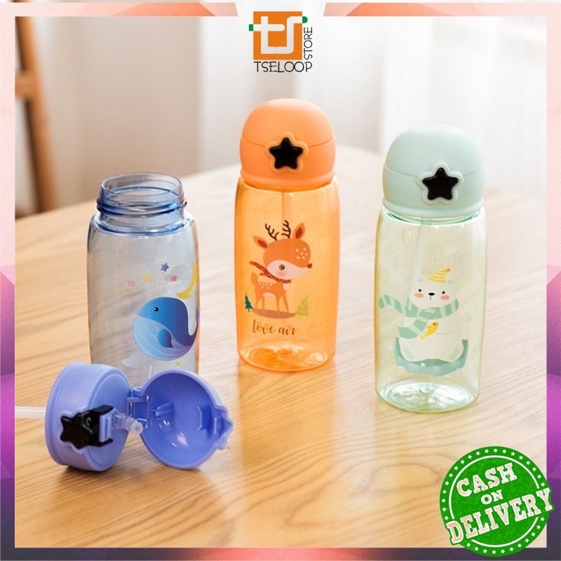 Botol Air Minum 520ML Tombol Bintang / Botol Minum Anak Lucu Motif Karakter Imut dengan Sedotan BPA FREE