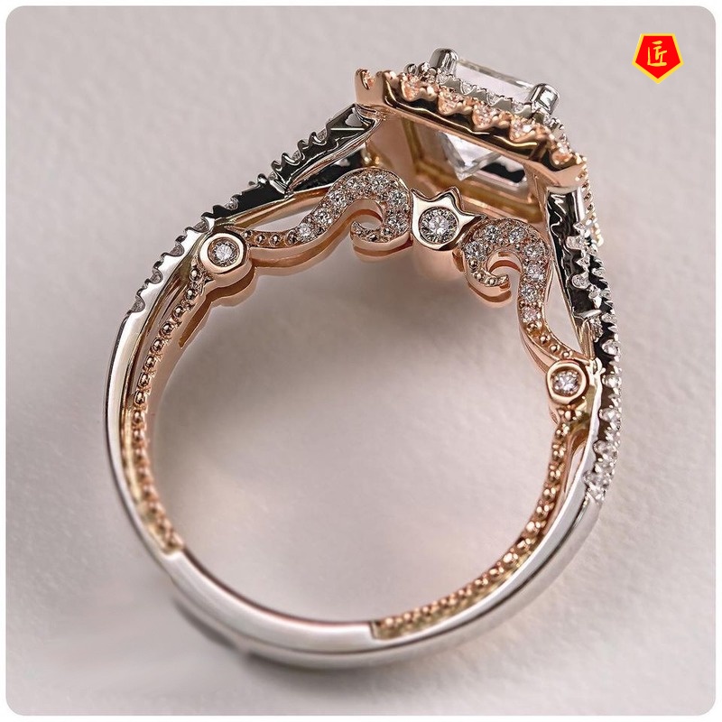 [Ready Stock]14K Rose Gold Two-Tone Square Diamond Ring Fashion Elegant