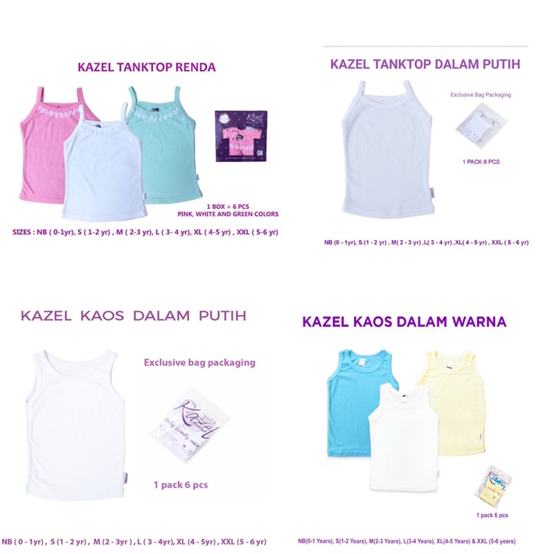 6pc Kazel Kaos dalam &amp; Tank Top Warna &amp; Putih - Kazel Singlet Dalam Bayi &amp; Anak 0-6tahun