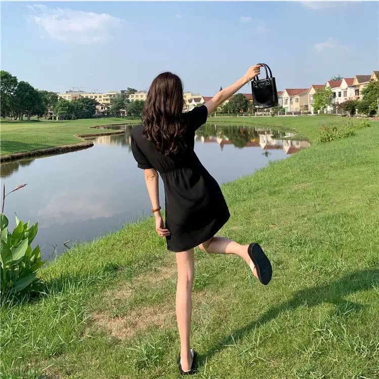 [littlecrab] Dress Wanita French Style Hitam Putih Biru Langit Dress V Neck Simple Elegan Casual Berkerah Dress Polos Dress Jalan Soft Color Dress Pesta Dress Pendek High Quality Dress Berkualitas Korean Style