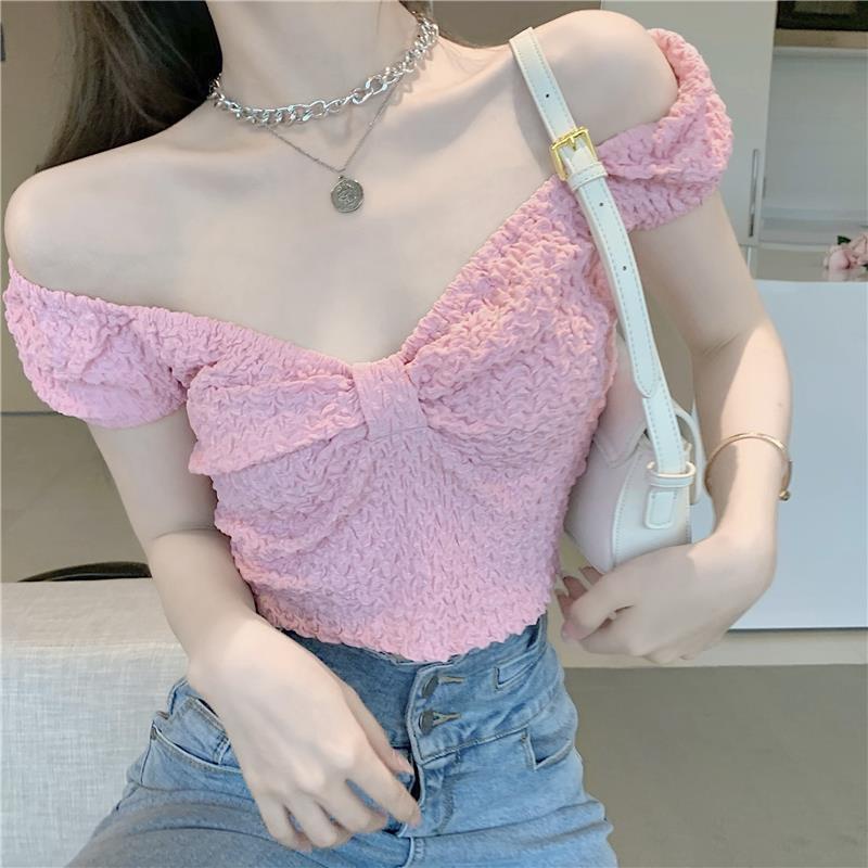 Gaya Korea Chic Pink V-Leher Lengan Pendek T-shirt Wanita Musim Panas 2022 Desain Baru Atasan Crop P