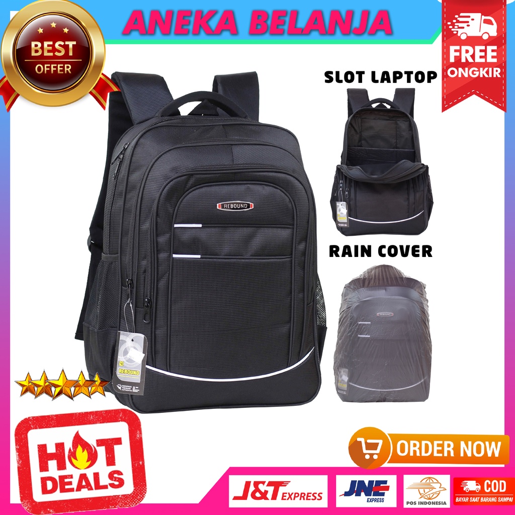 Ransel Rebound Hitam List Silver Tas Backpack Cowok Kekinian Free Raincover Berkualitas Ekonomis