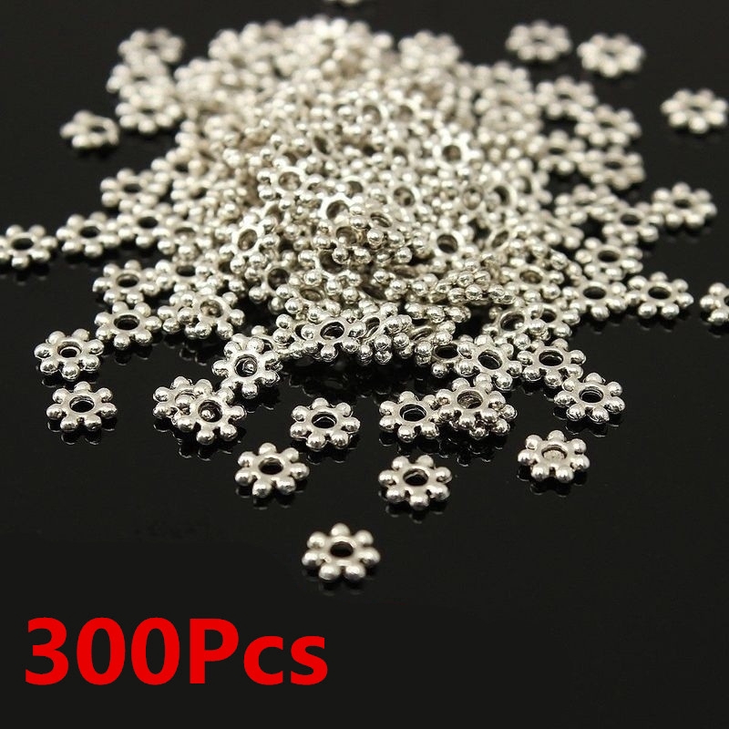 300pcs Manik-Manik Spacer Metal Lapis Silver Gaya Tibet Untuk Membuat Perhiasan 4mm Lubang 1mm