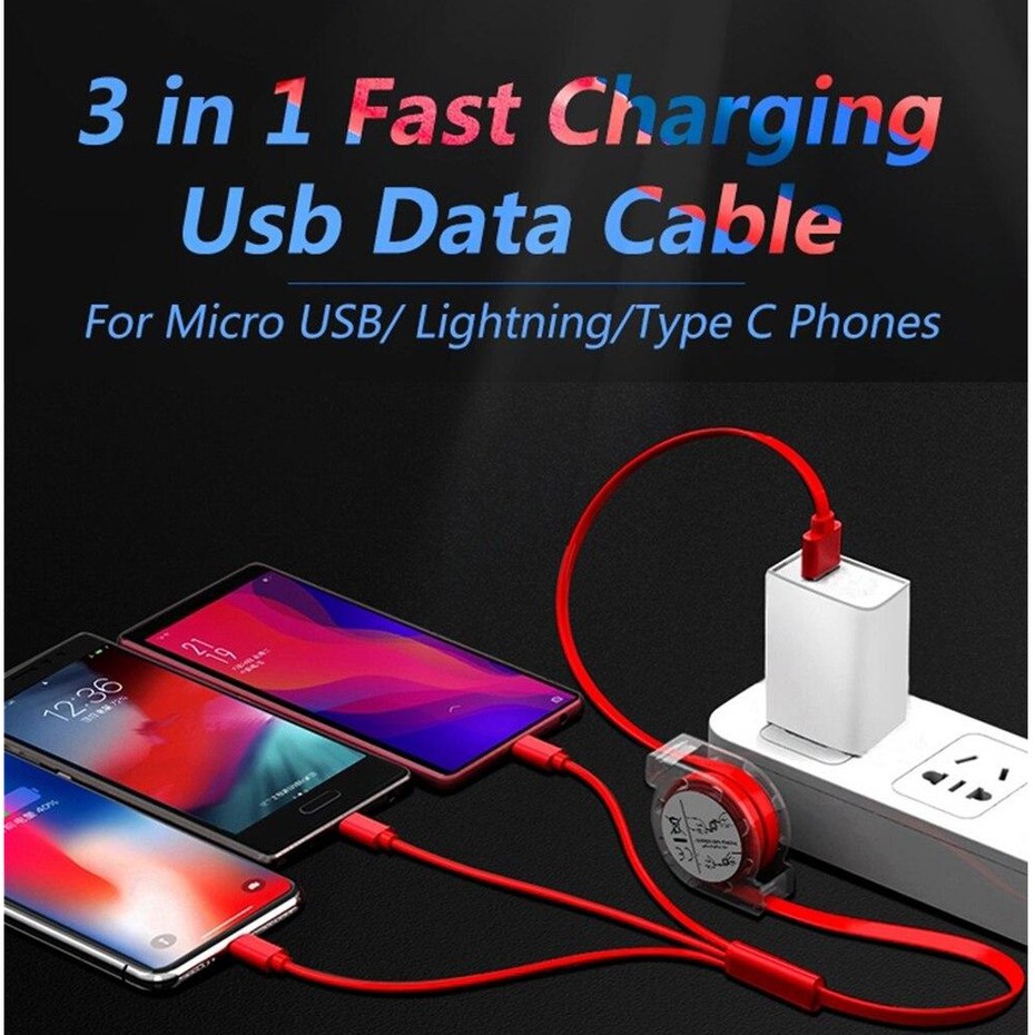 Kabel Data 3 in1 Micro+Lightning+Type-C Telescopic cable iPhone Fast Charging Xiaomi Samsung Vivo