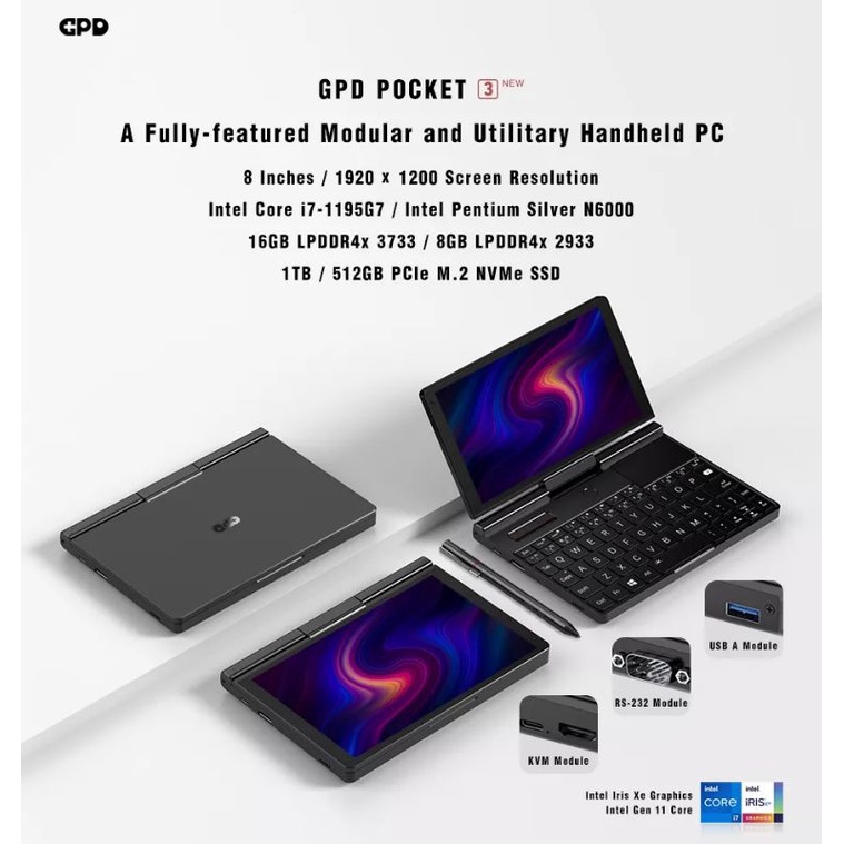 GPD POCKET 3 2022  8/512GB SSD NVMe Intel Pentium Silver N6000 8&quot; Touchscreen FHD Windows 10