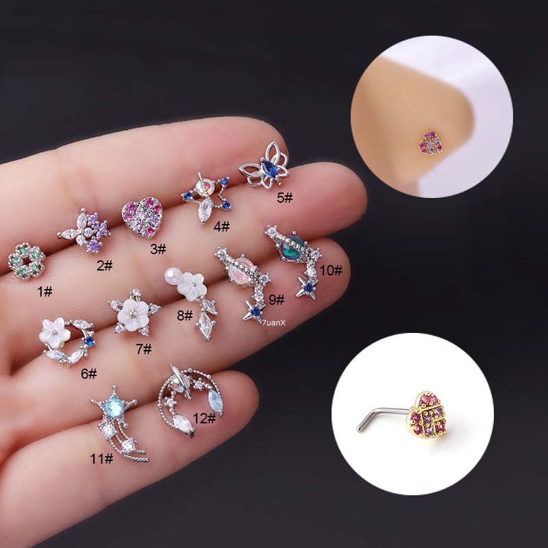 1pc Anting Tindik Hidung / Tubuh Bentuk L Bahan Stainless Steel Dengan Zircon 20Gauge