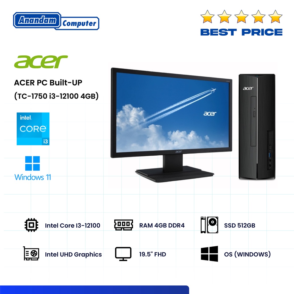 ACER Aspire TC-1750 i3-12100 4GB 512GB DVDRW W11+OHS 19.5&quot; PC Desktop